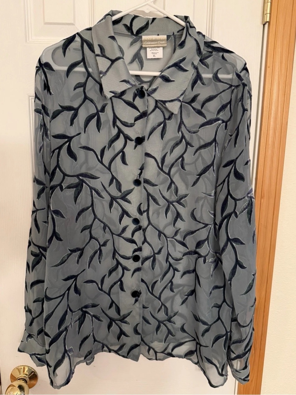 Coldwater Creek Sheer Shirt Velvet Leaves Button Front SZ XL Gray Blue-Green